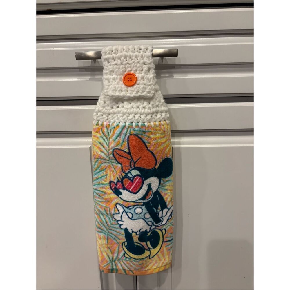Crochet Top Kitchen Towel-Minnie mouse orange button white top